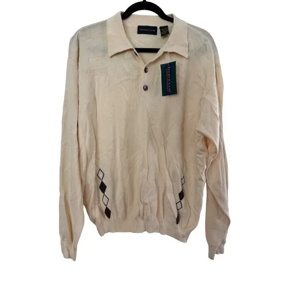 Vintage Izod Club Mens Beige Cotton Long-Sleeve Pullover Sweater With Argyle Det - Picture 1 of 4